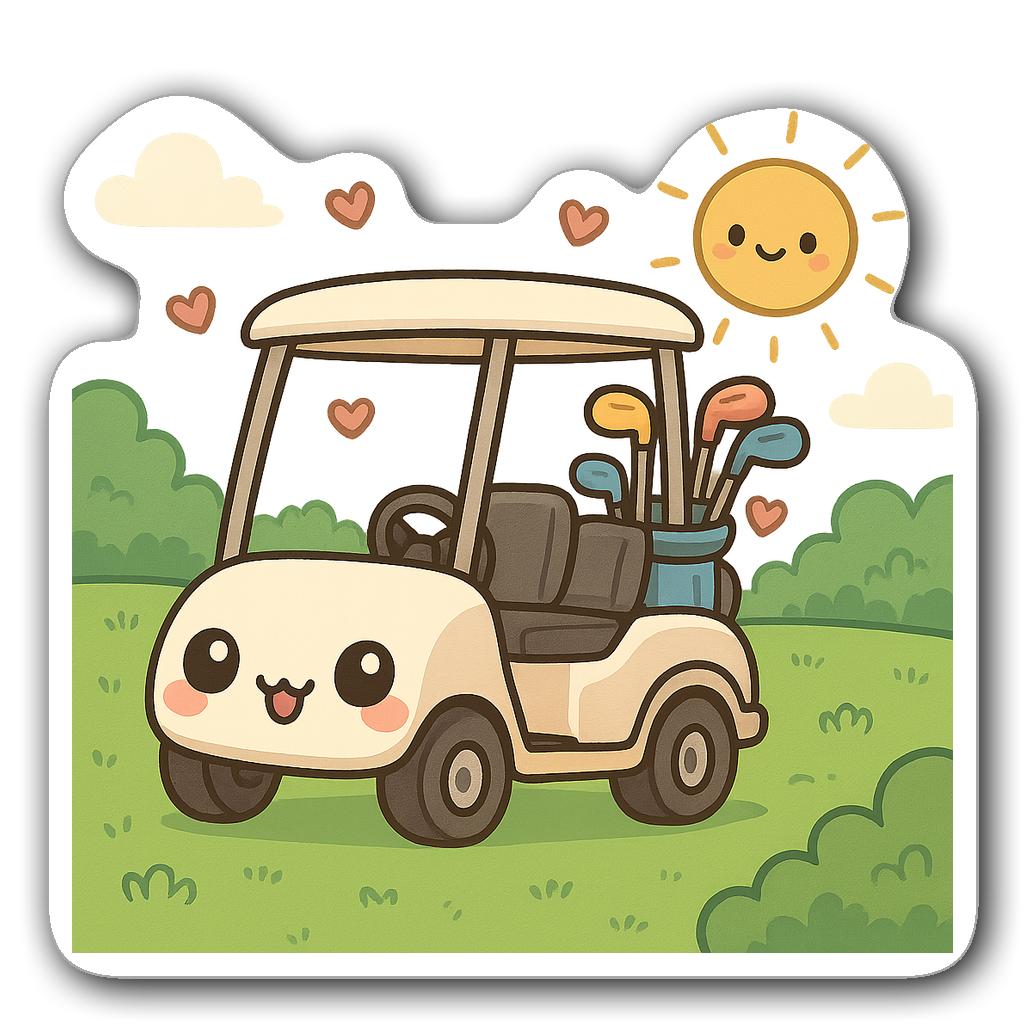 Kawaii chibi golf cart sticker with big eyes and hearts