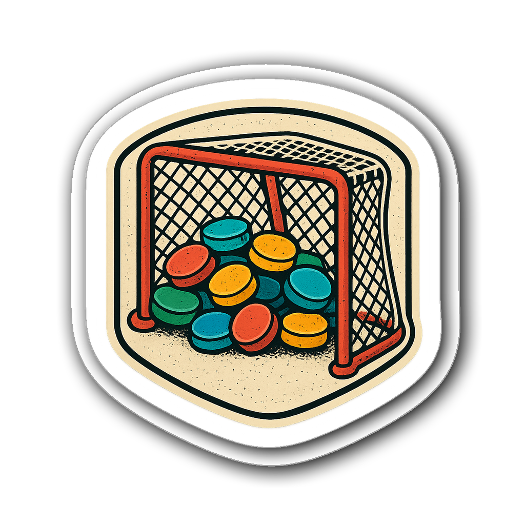 Retro hockey goal net sticker with colorful pucks