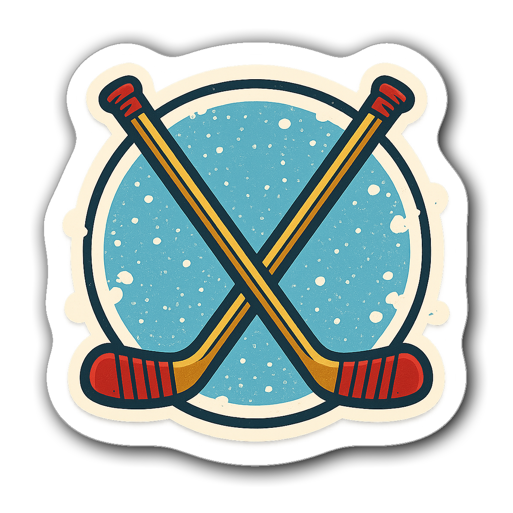 Retro hockey emblem with cross hockey sticks and blue background