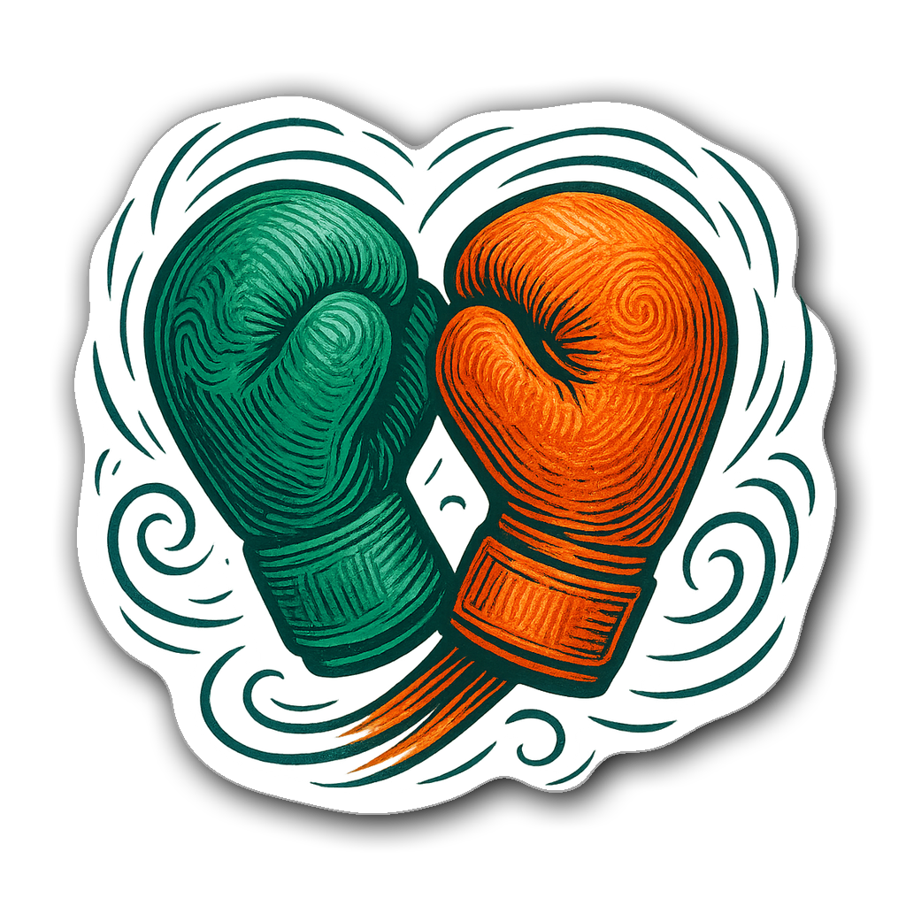 Die-cut sticker of crossed boxing gloves in vibrant colors