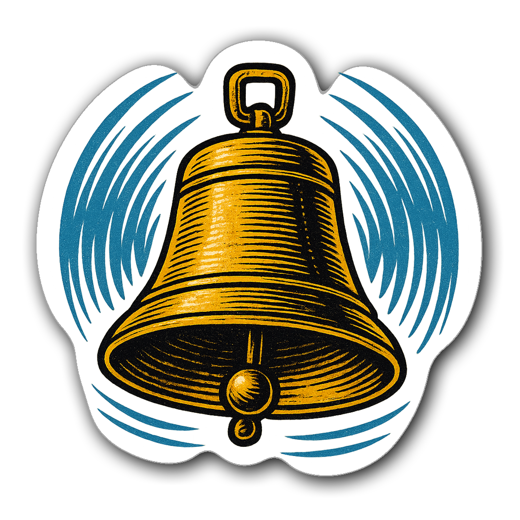 Vintage boxing bell sticker with linocut patterns and sound waves