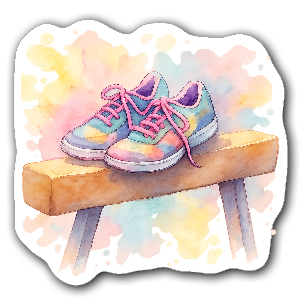 Watercolor gymnastics balance beam with colorful sneakers