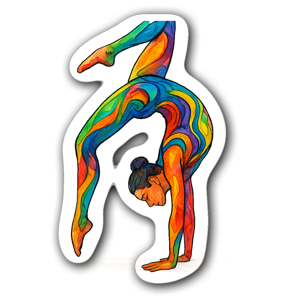 Watercolor sticker of an upside-down gymnast in rainbow hues