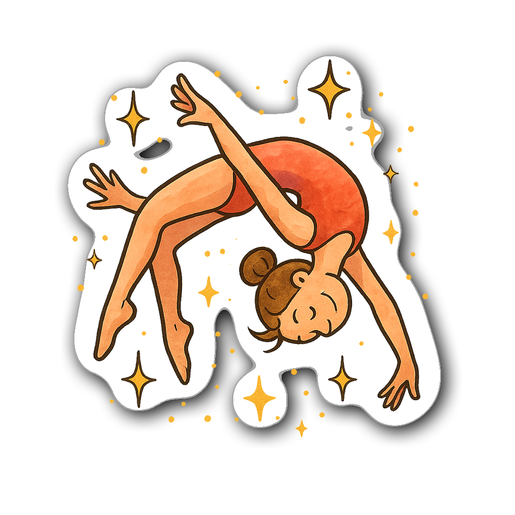 Playful watercolor illustration of a gymnast doing a flip
