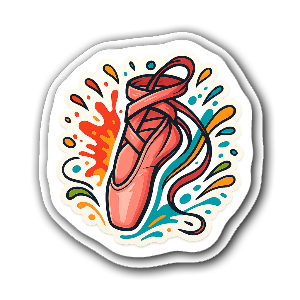 Vibrant ballet slipper wrapped in ribbons with bright paint splashes
