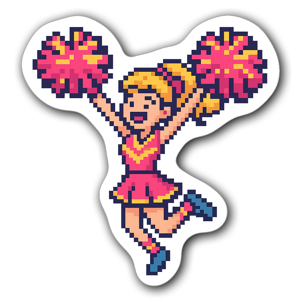 Pixel art cheerleader jumping with pom-poms