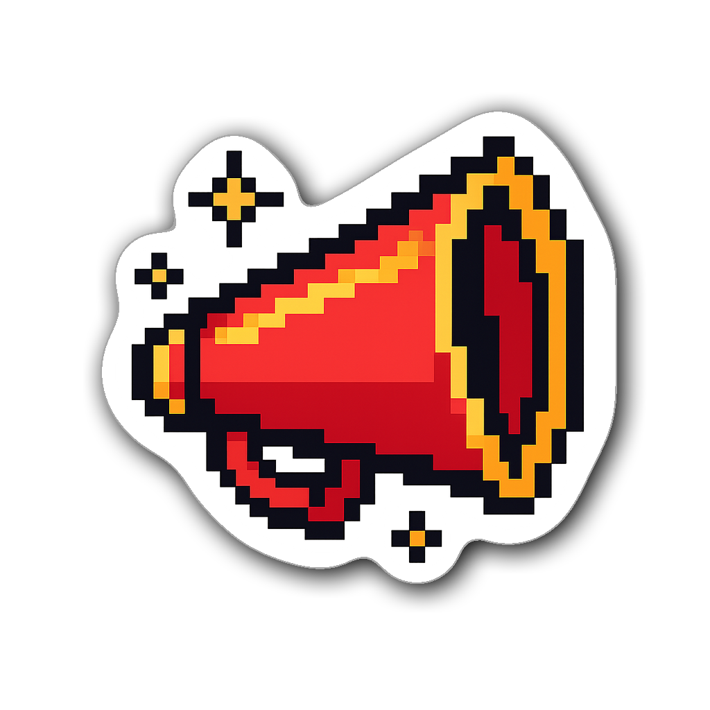 8-bit cheerleading megaphone sticker with pixelated sparkles