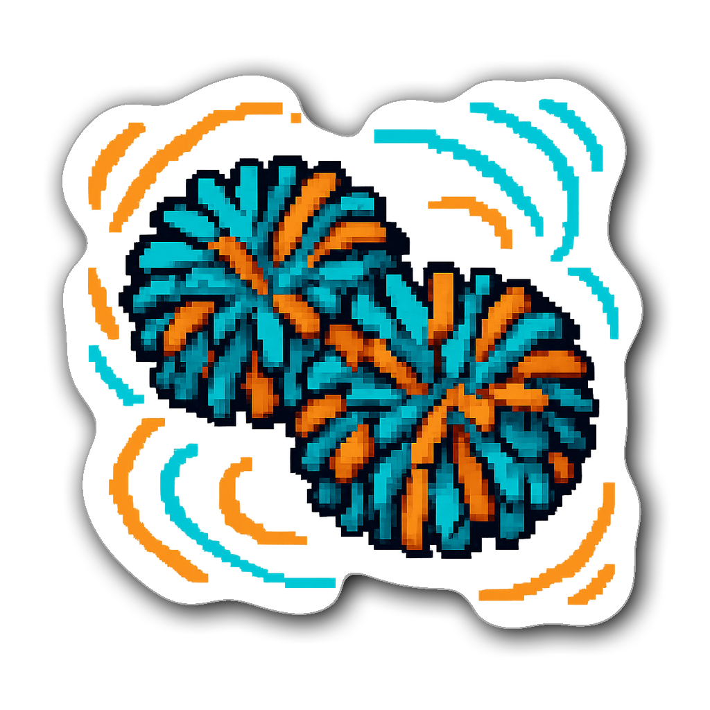 Colorful pixel art cheerleading pom-poms sticker with dynamic swirls