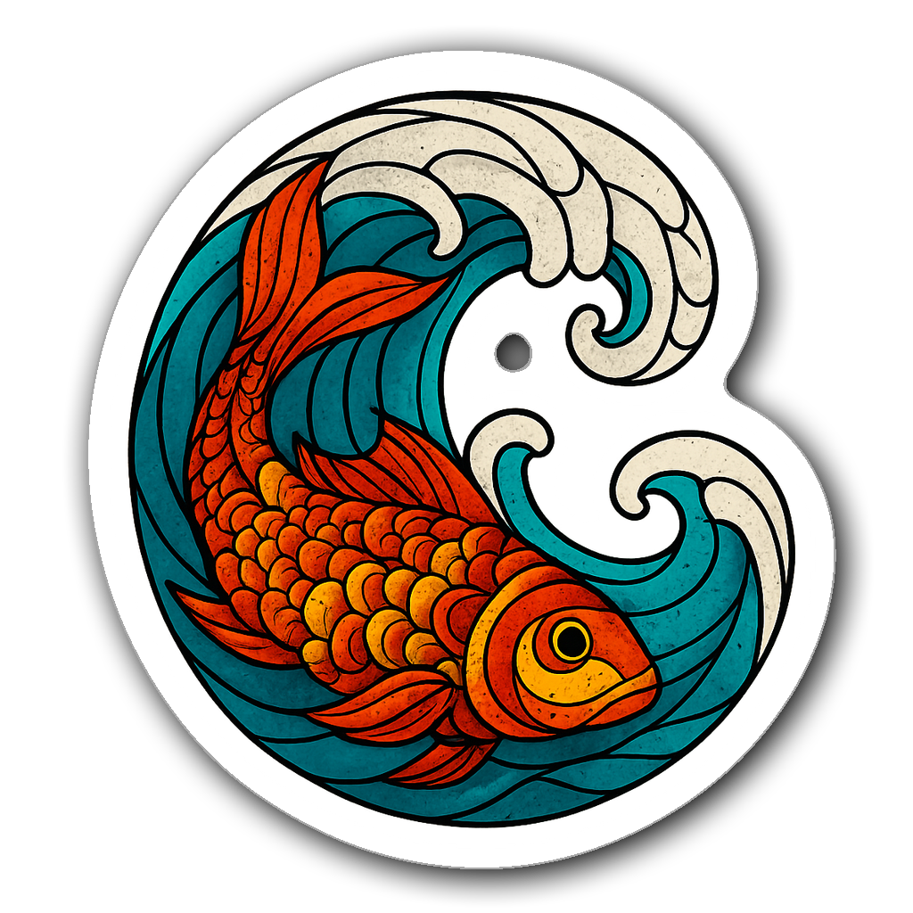 Stained glass fish swimming through stylized turquoise wave