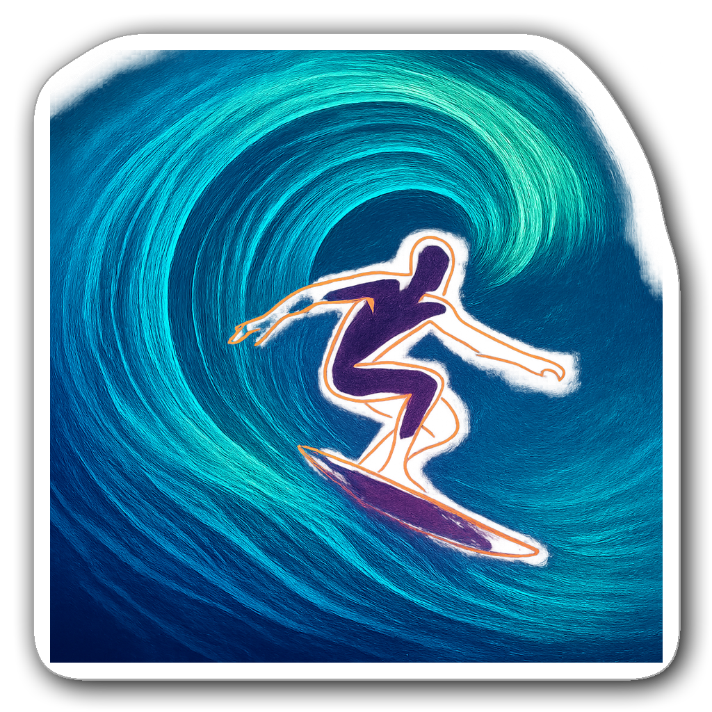 Neon outline of a surfer jumping over an abstract ocean wave
