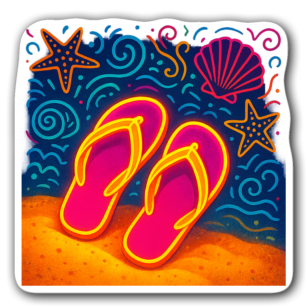 Neon flip-flops sticker with shells and starfish background
