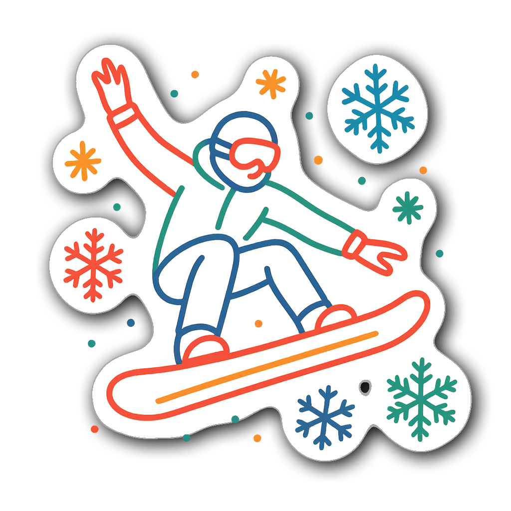 Line art sticker of a snowboarder executing a trick mid-air