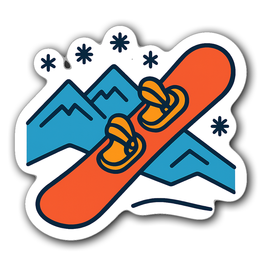 Minimalist line drawing of a snowboard with mountains
