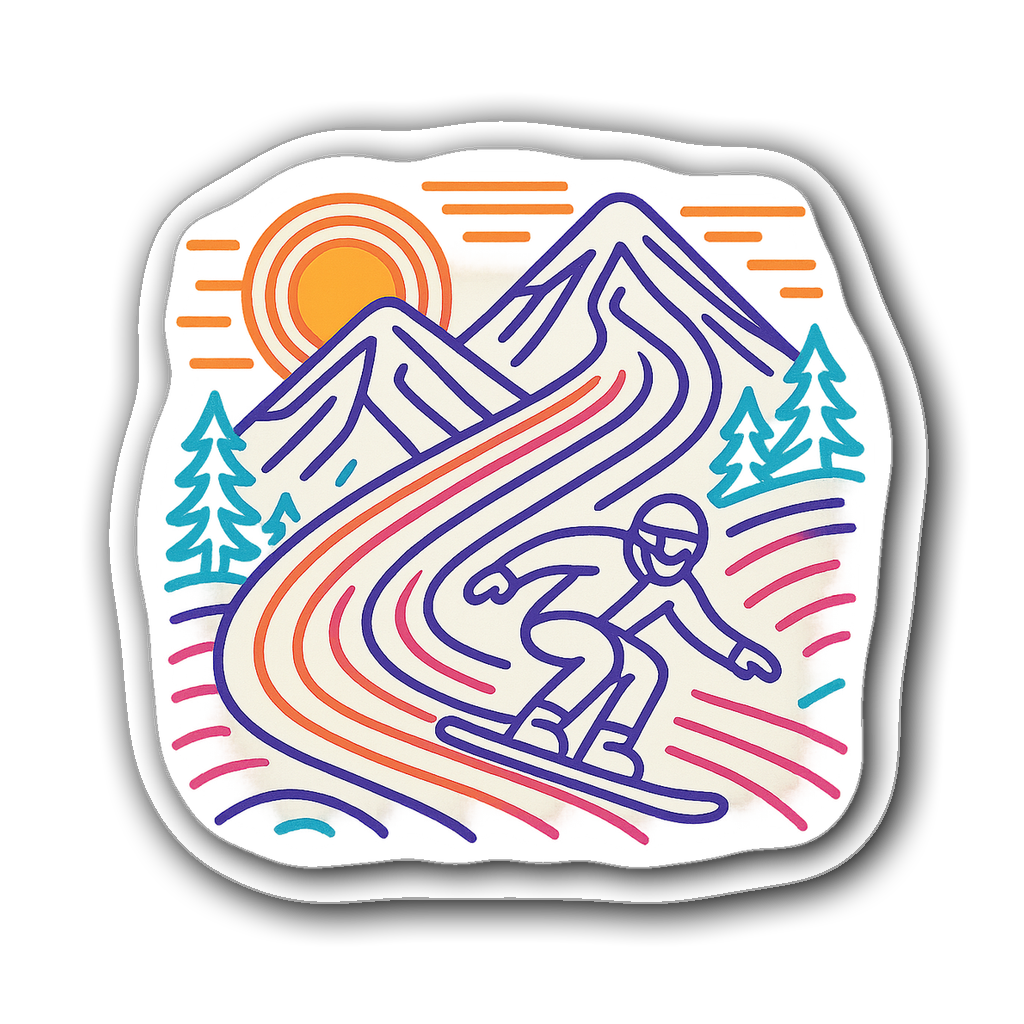 Minimalist line art sticker featuring a snowboarder on a mountain