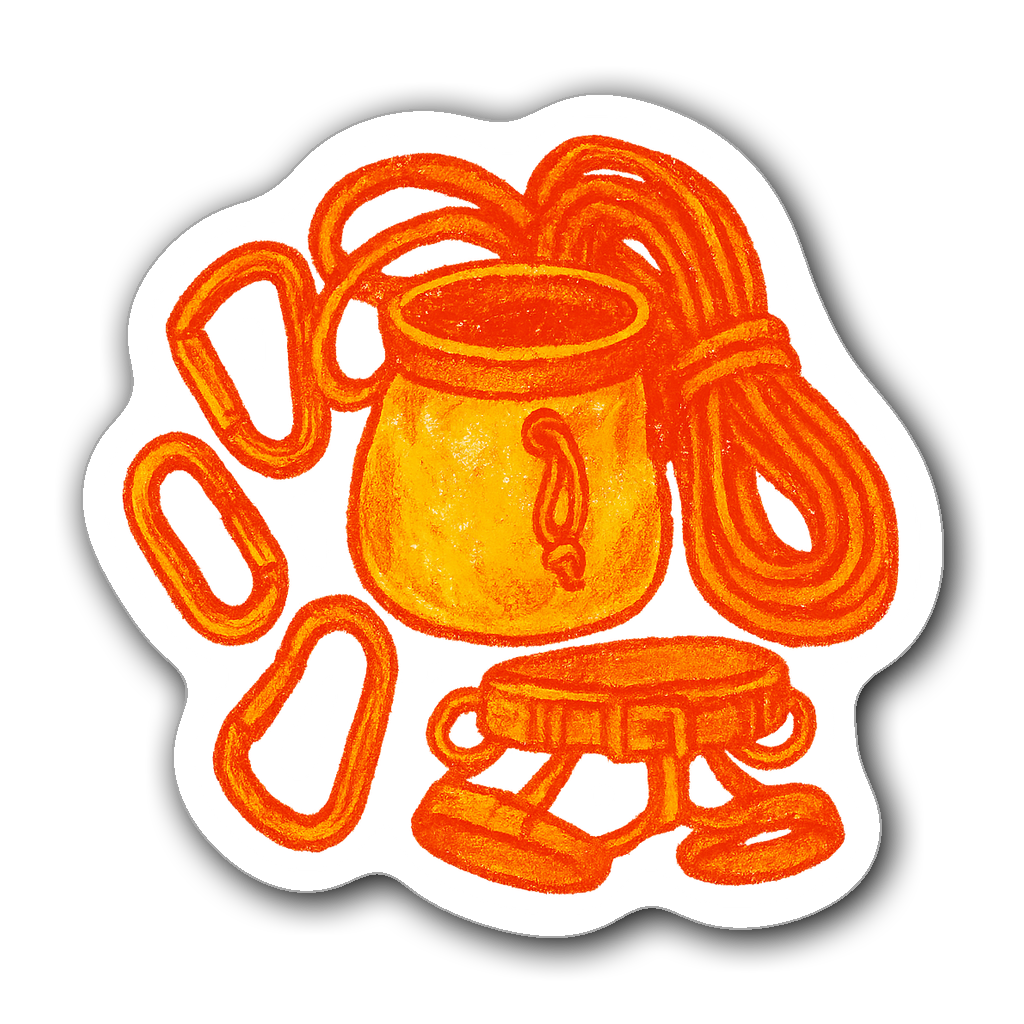 Rock climbing chalk bag and gear sticker in bright colors