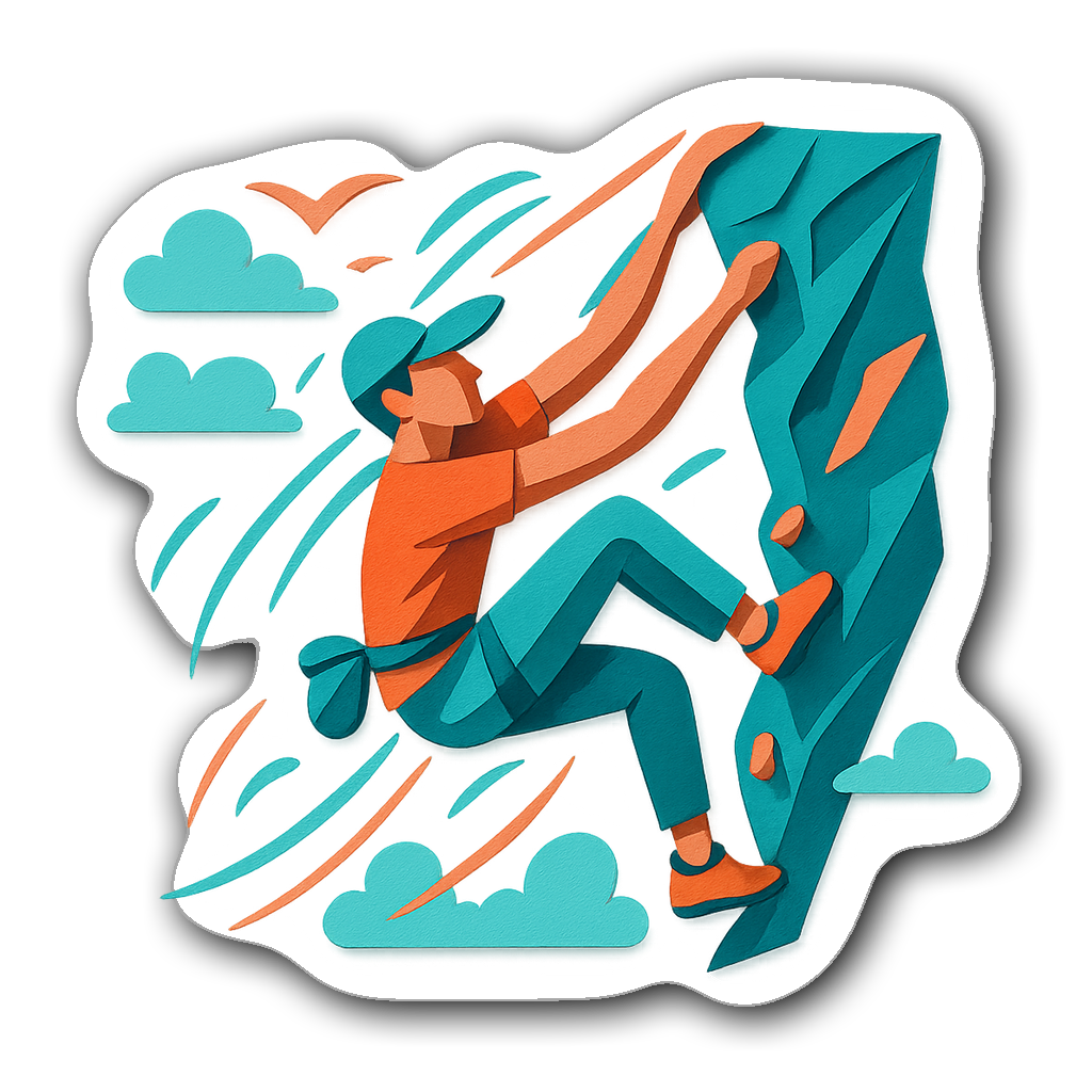 Dynamic rock climber sticker with clouds and birds