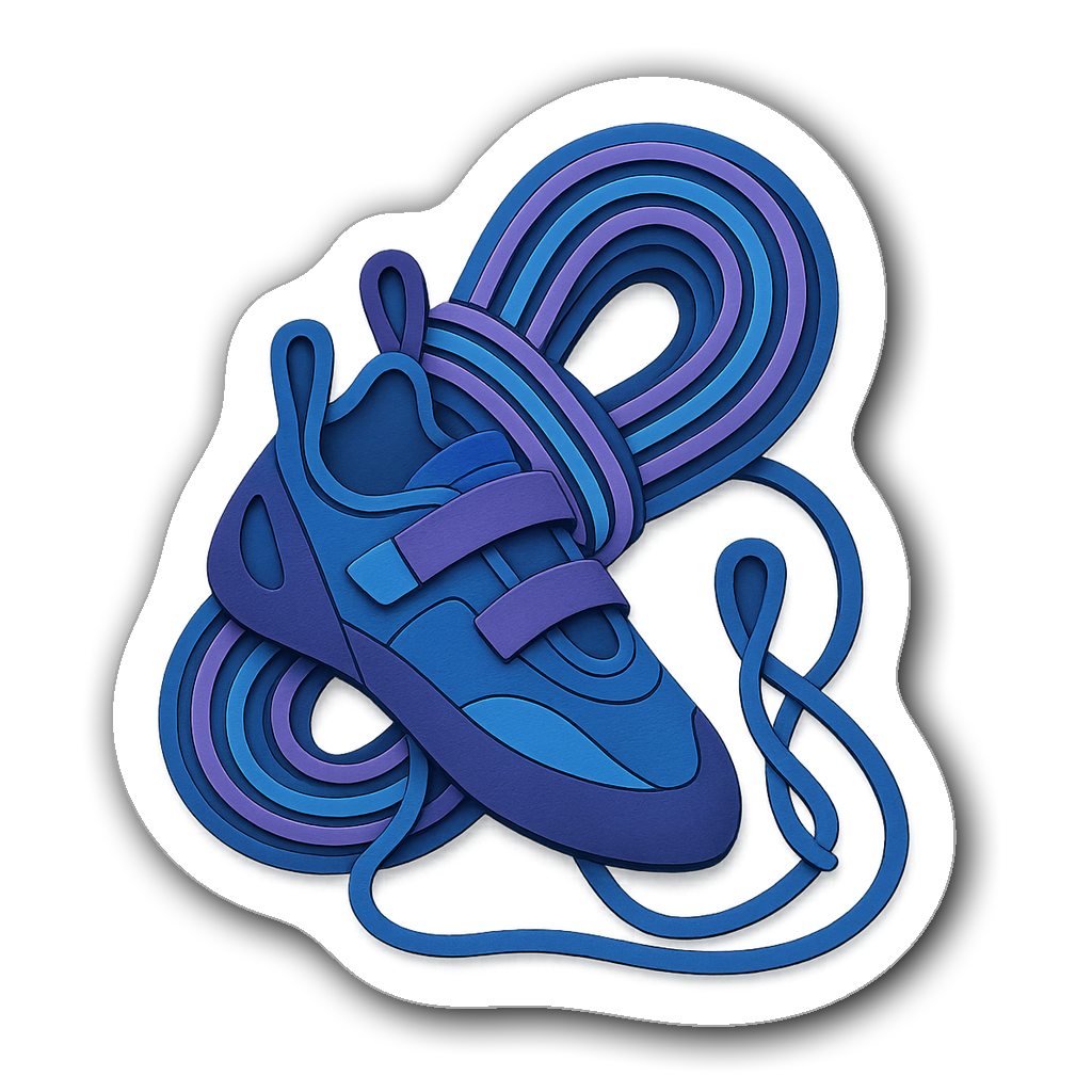 Die-cut sticker of rock climbing shoes and rope in vibrant colors