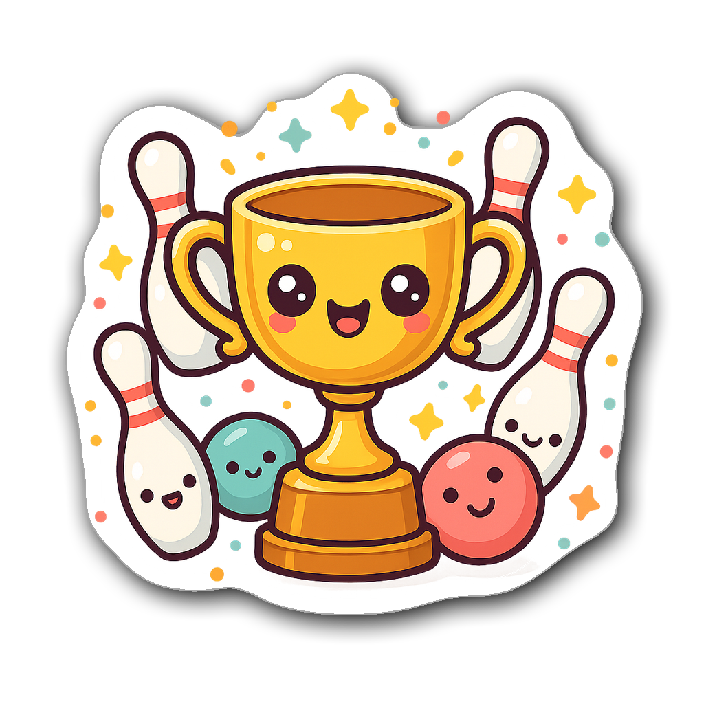 Kawaii chibi-style bowling trophy sticker with cheerful balls and pins