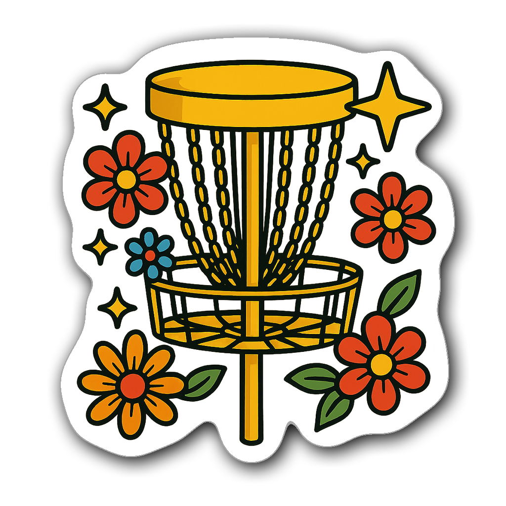 Illustration of a retro disc golf basket surrounded by flowers and stars