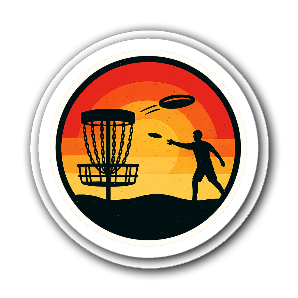 Retro disc golf vinyl sticker with hilly landscape and trees