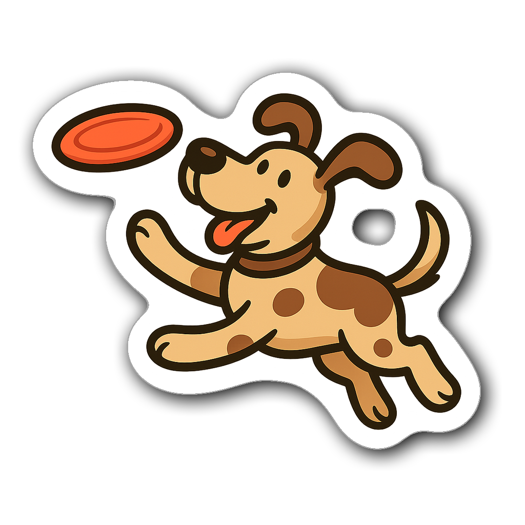 Cartoon-style dog fetching an orange disc in mid-air