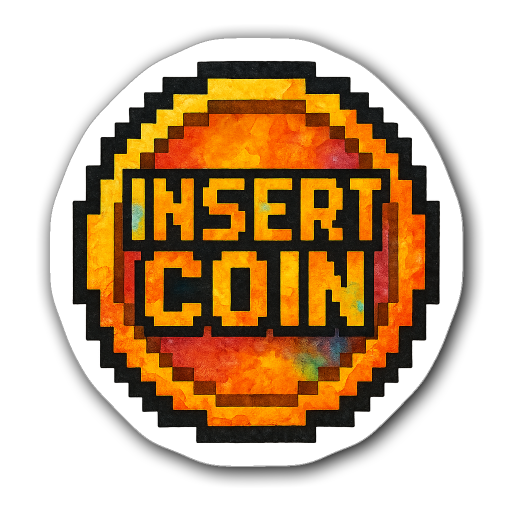 Retro arcade coin sticker with soft watercolor illustration