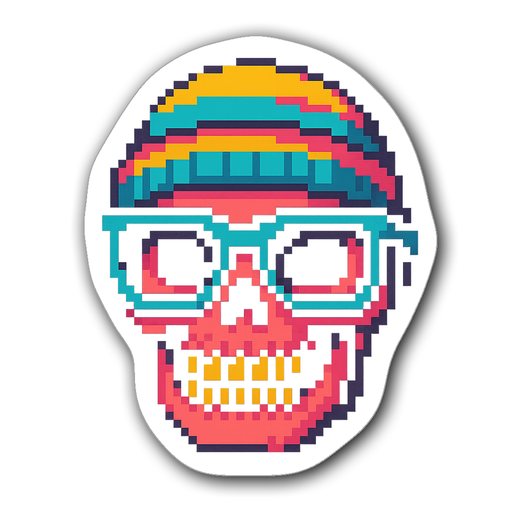 Pixel art skull sticker with glasses and a beanie