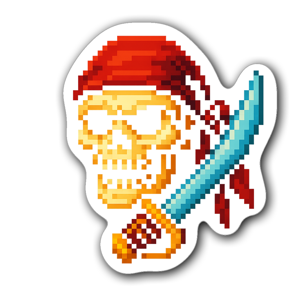 Pixel art skull sticker with pirate bandana and cutlass