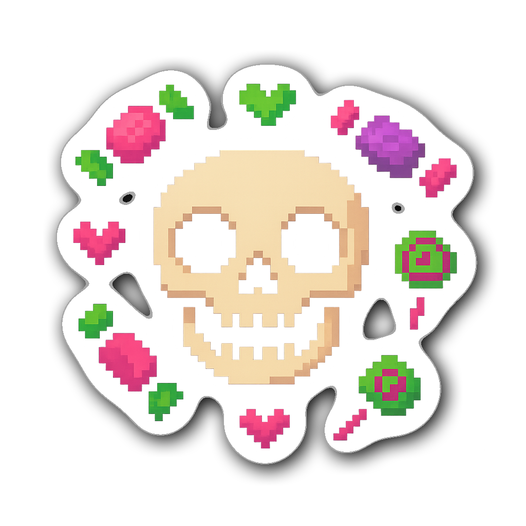Friendly pixel art skull surrounded by candy and hearts sticker