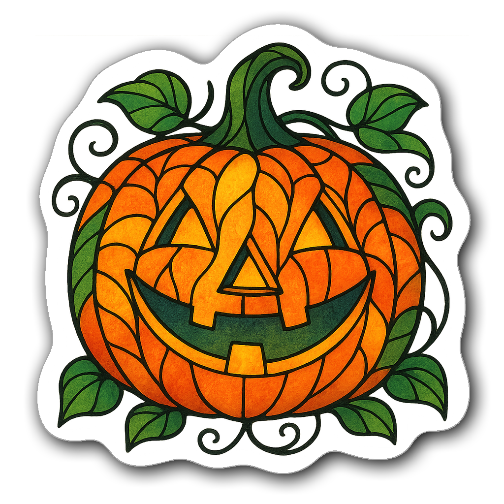 Vibrant stained glass jack-o'-lantern sticker with vines