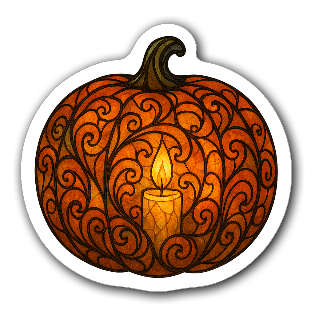 Stained glass pumpkin sticker with intricate swirling patterns and candle