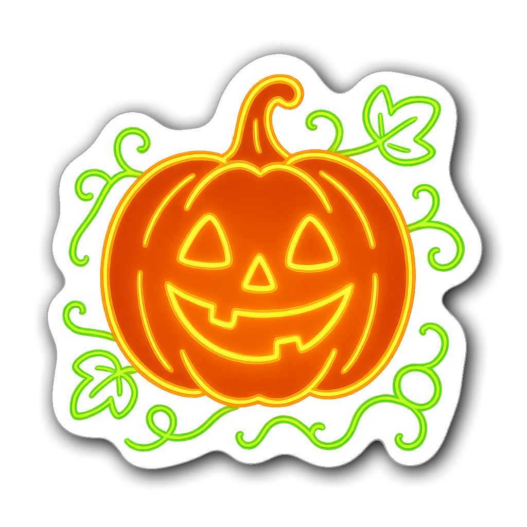 Cheerful neon pumpkin sticker with leaves and vines