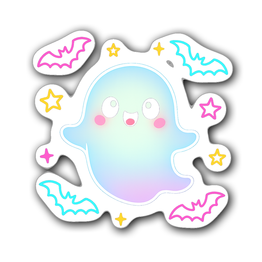 Adorable ghost sticker with neon bats and stars
