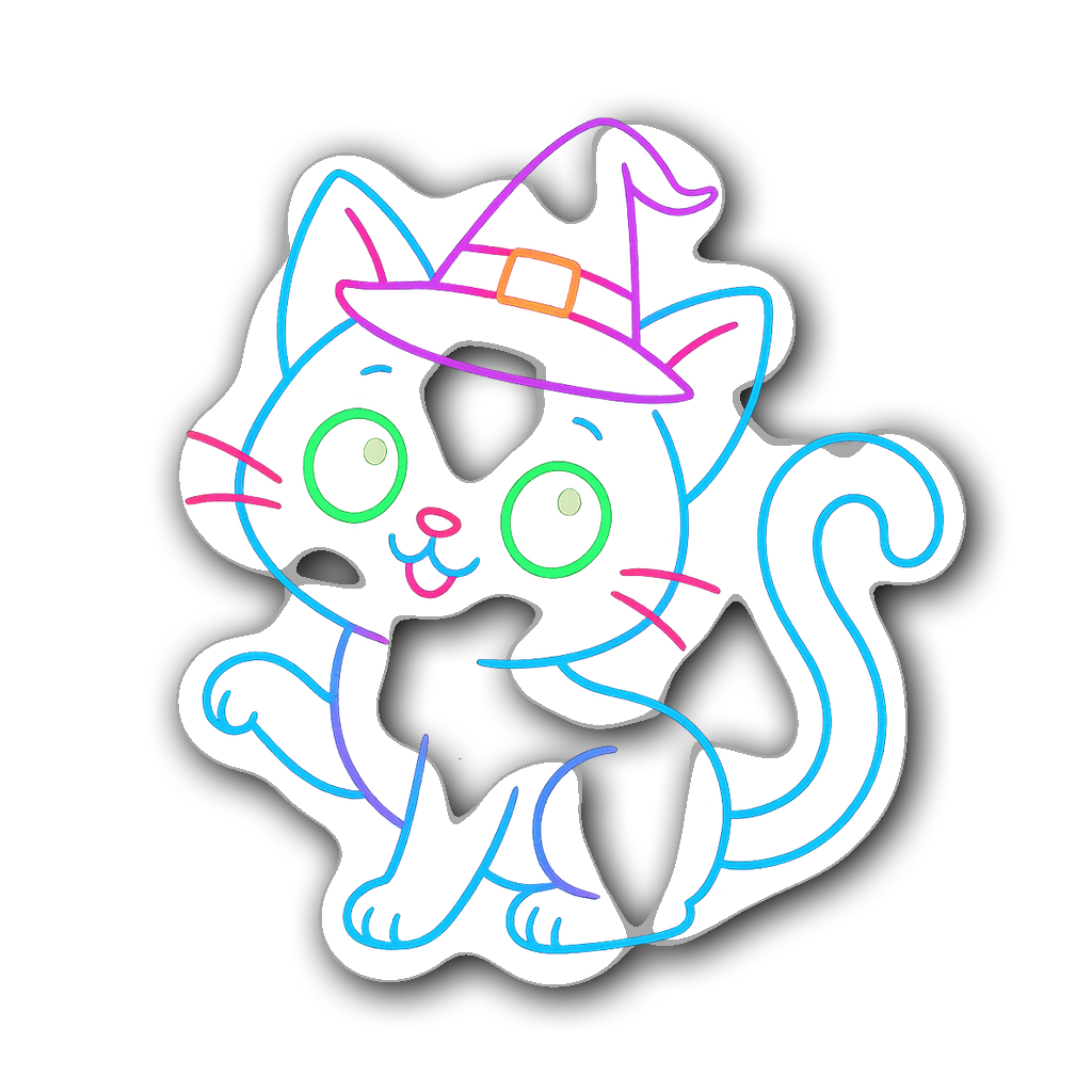 Cute black cat sticker with neon glow outline for Halloween