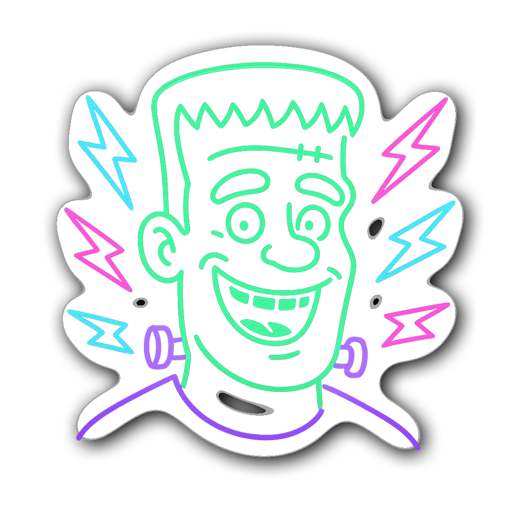 Friendly Frankenstein monster sticker with neon glow outlines