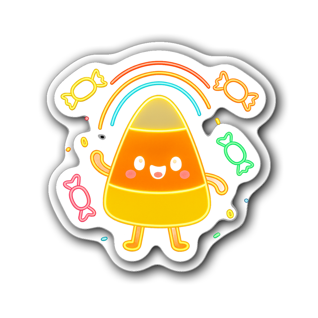 Cheerful neon candy corn character with colorful candy wrappers