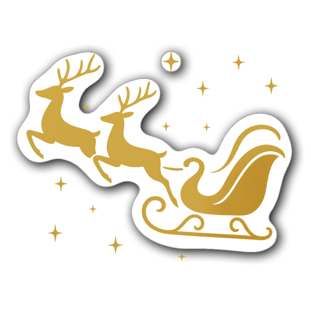 Minimalistic Santa sleigh with reindeer and stars in gold and green