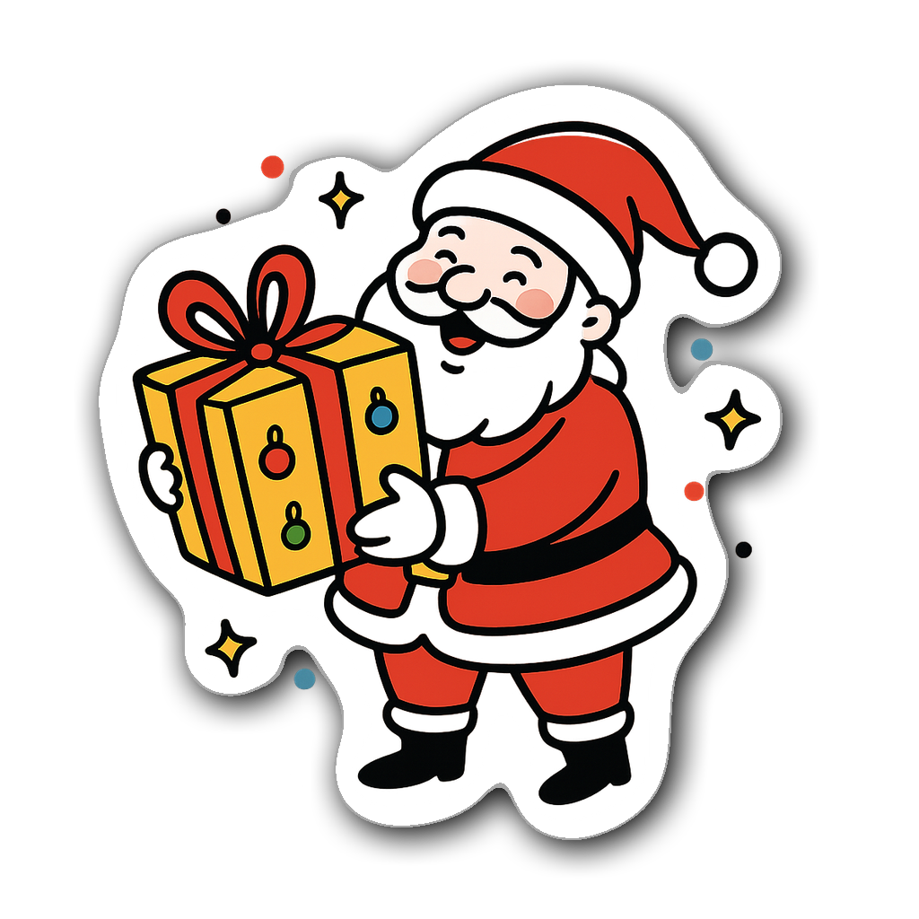 Cheerful Santa holding a gift in minimalist line art style.