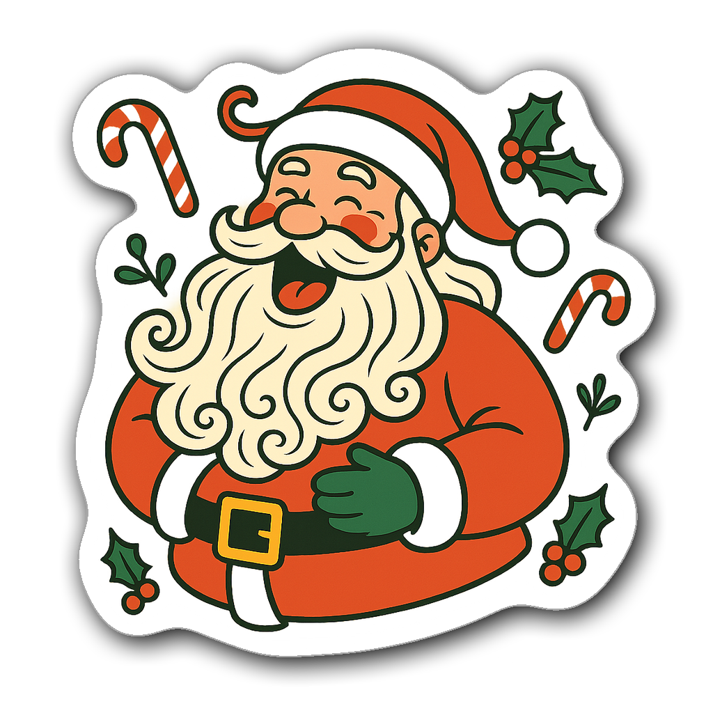 Whimsical Santa die-cut sticker with candy canes and holly