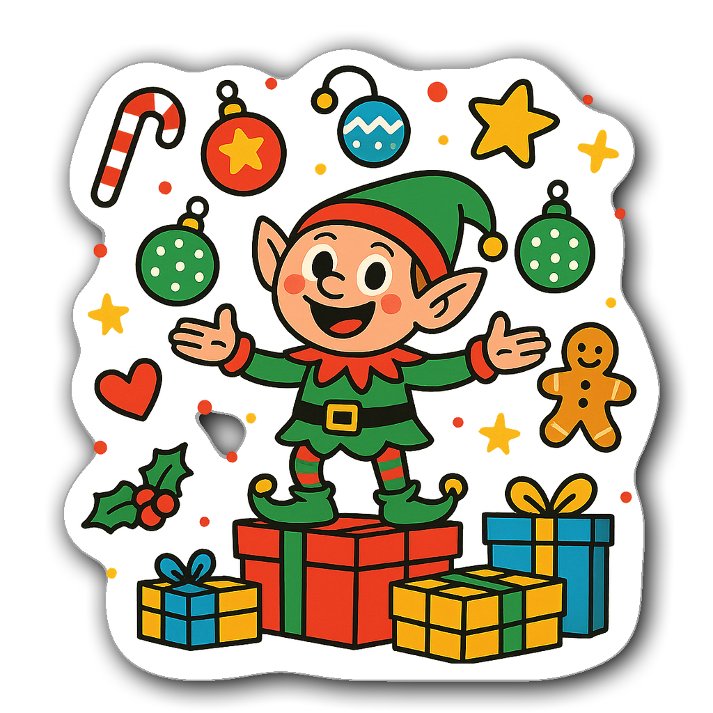 Playful elf juggling ornaments on gifts in vibrant colors