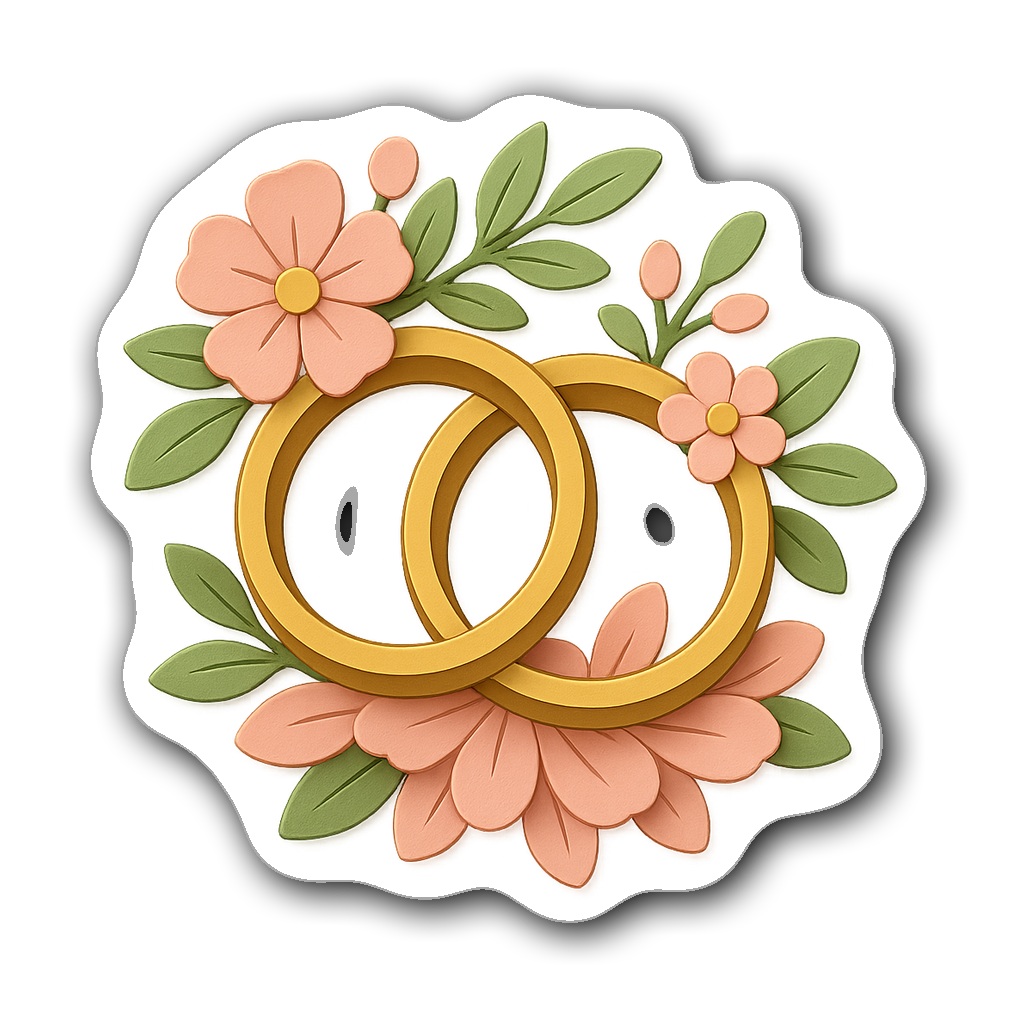 Whimsical wedding rings sticker with flowers and leaves