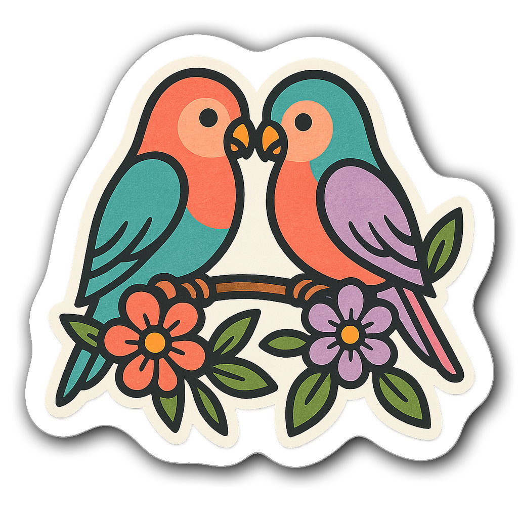 Die-cut sticker of a lovebird couple on a floral branch