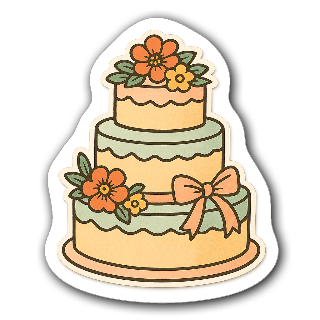 A layered die-cut pastel wedding cake sticker with flowers.
