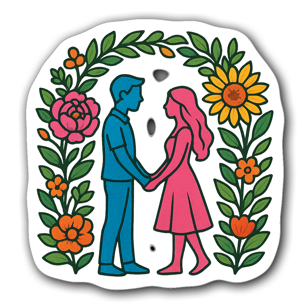 Whimsical silhouette of a wedding couple under a floral arch