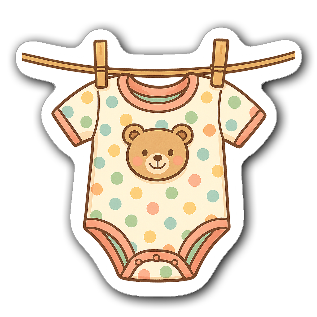 Adorable baby onesie sticker with colorful polka dots and teddy bear