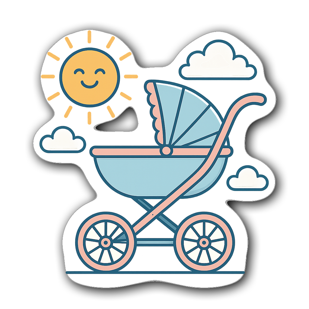 Retro baby stroller sticker design with sun and clouds
