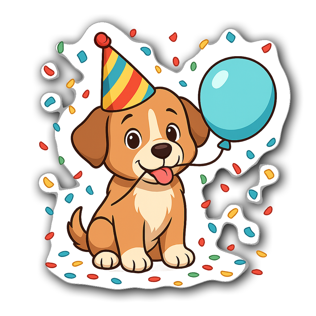 Adorable puppy wearing a party hat holding a balloon with confetti