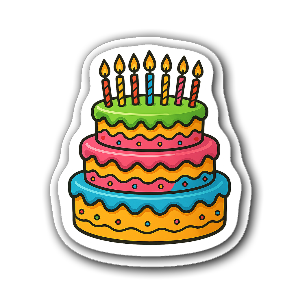 Whimsical birthday cake with vibrant icing and candles