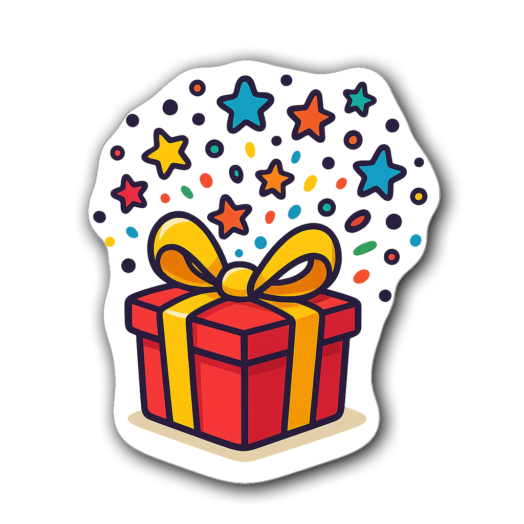 Animated present box with a big bow and colorful sparkles