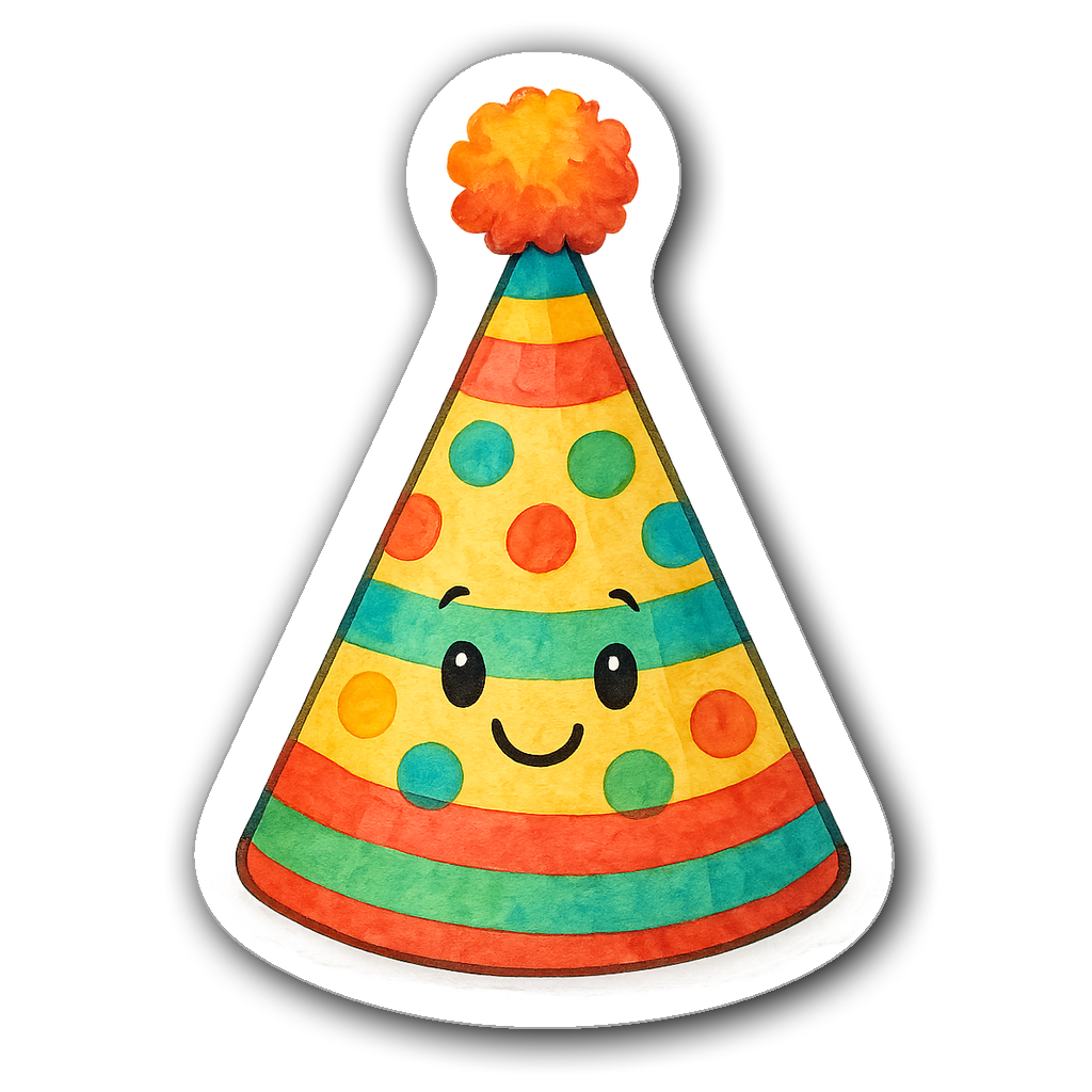 Watercolor sticker of a birthday party hat with dots and stripes